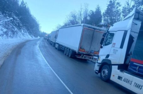 Товарни возила во колони чекаат за влез во земјава на преминот Ѓуешево -Деве Баир